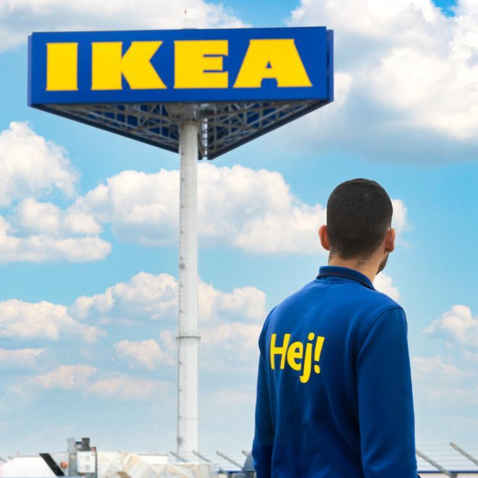 Rear view of a person in a blue IKEA uniform with "Hej!" on the back, looking up at a large IKEA sign against a cloudy blue sky.