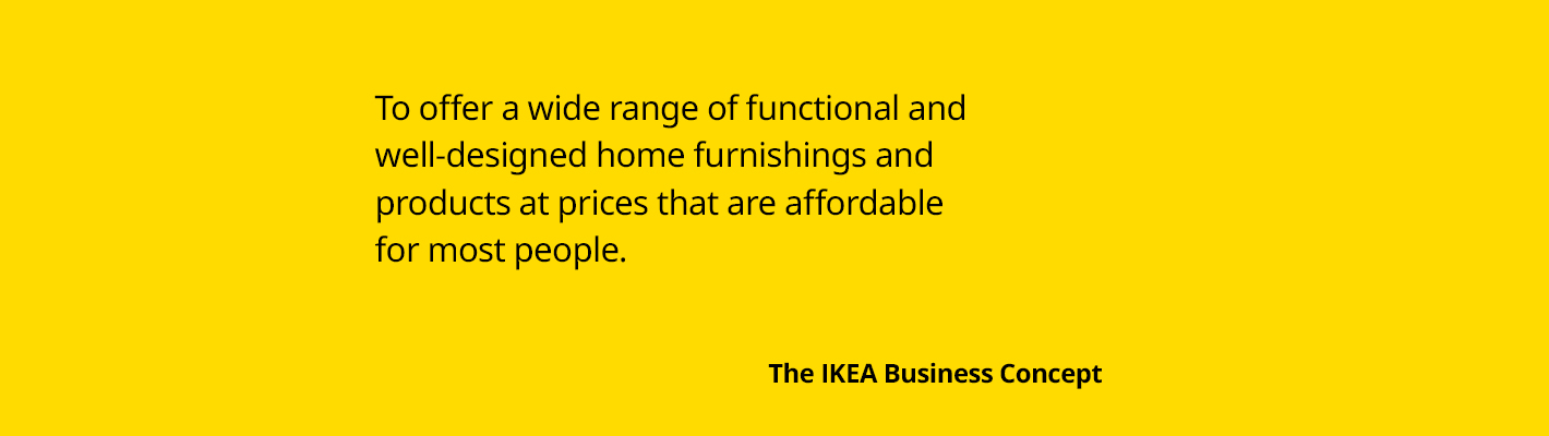 Black text on a bright yellow background stating the IKEA Business Concept: "To offer a wide range of functional and well-designed home furnishings and products at prices that are affordable for most people."