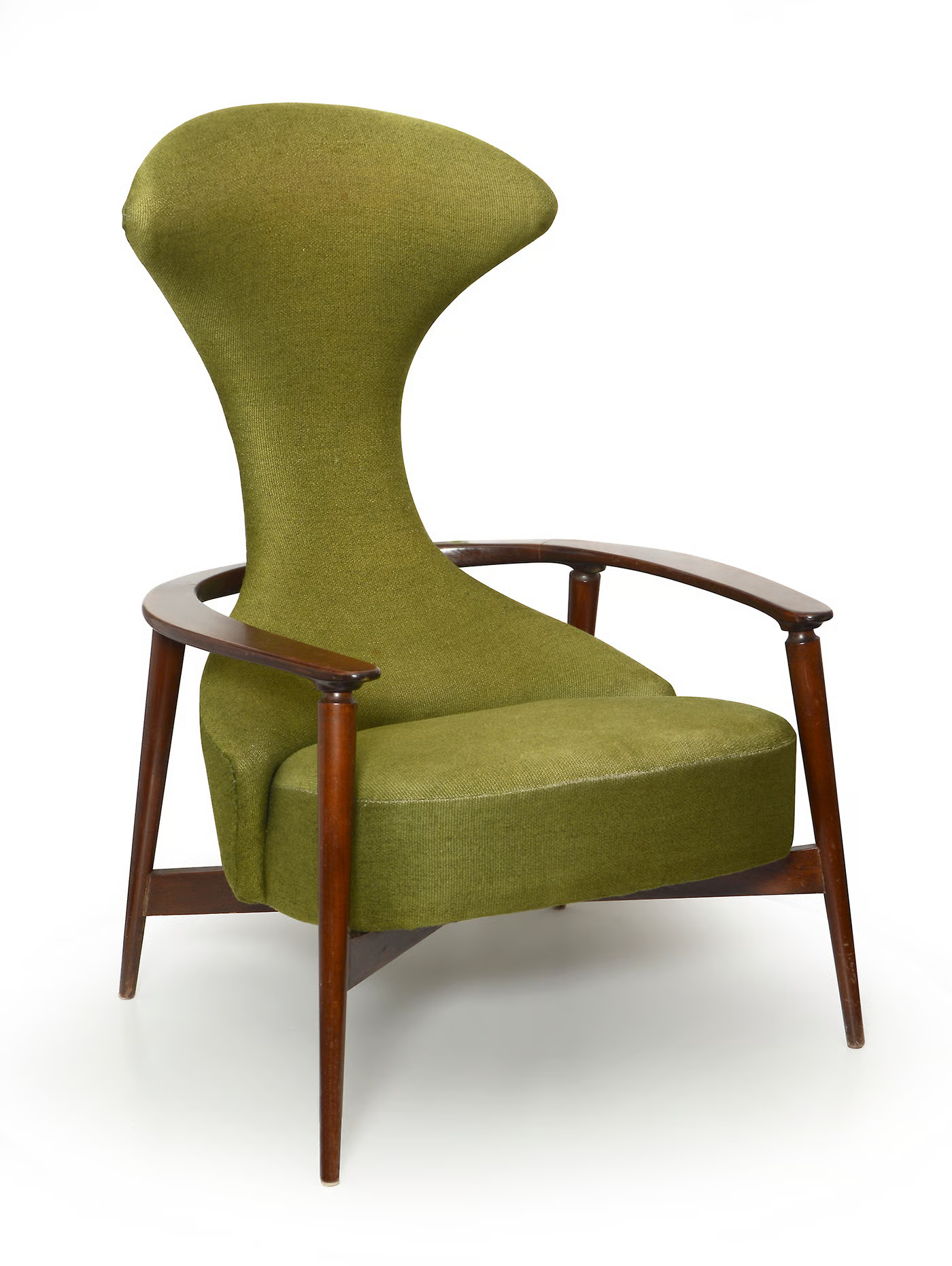 Mid-century modern armchair with olive green upholstery, a tall sculptural backrest, and a dark wood frame against a white background.