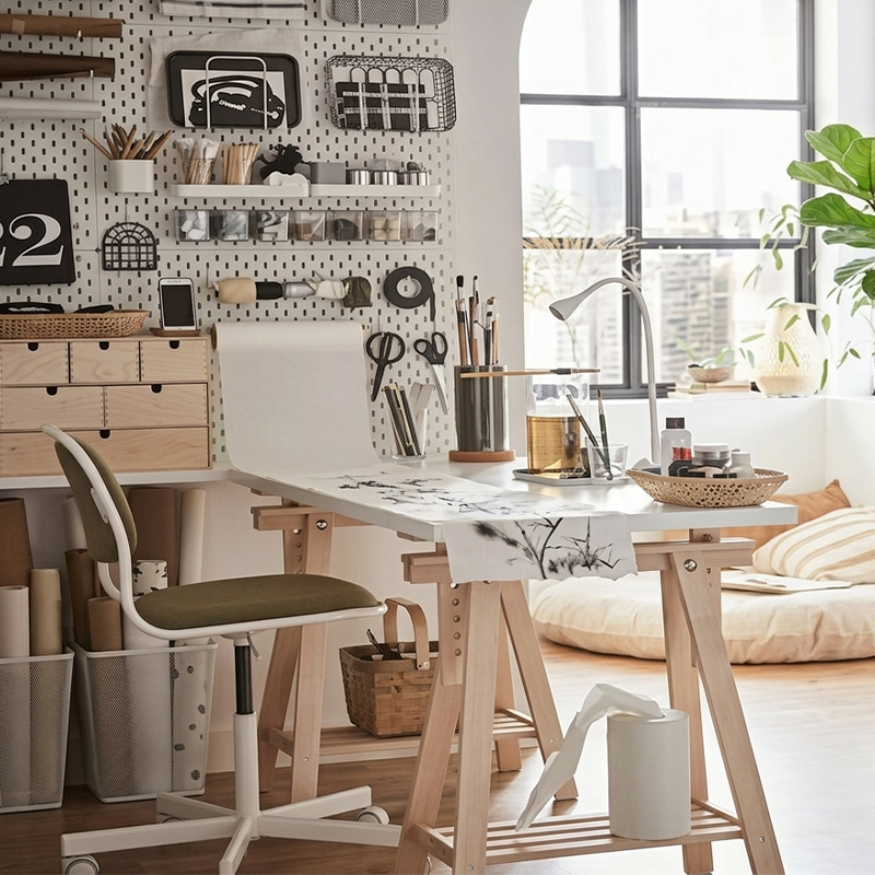 Wooden art desk with an organized pegboard and an arched window in the background.