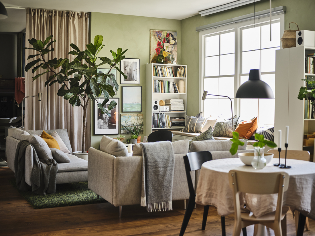 An orange sofa with colorful pillows in a rustic room, featuring a wooden cane leaning against it, a record player on the floor, and a large green plant next to a window with open shutters.