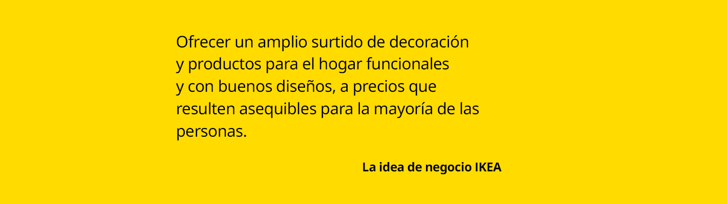 Black text on a bright yellow background stating the IKEA Business Concept: "To offer a wide range of functional and well-designed home furnishings and products at prices that are affordable for most people."